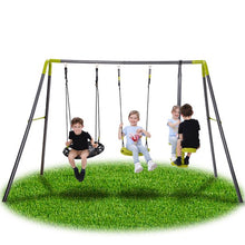 Load image into Gallery viewer, iRerts 3 in 1 Swing Set, 3-12 Year Old Kids Outdoor Playset Swing Set for Backyard, Heavy Duty Steel A-Frame with Height Adjustment Seat Swing, Glider, Saucer Swing, Metal Swing Set for 4 Boys/Girls
