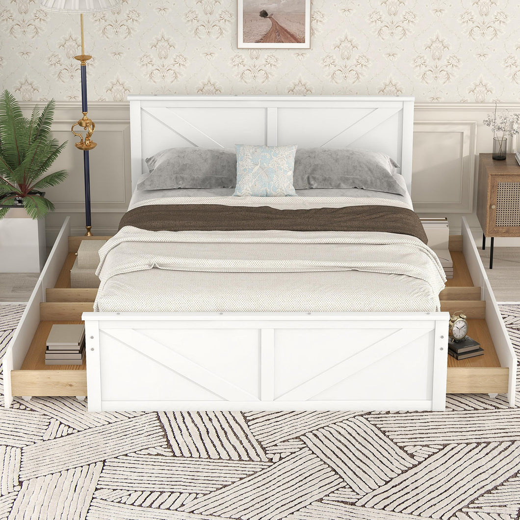 iRerts Queen Platform Bed Frame with 4 Storage Drawers, Wood Queen Bed Frame with Headboard, Slats Support and Support Legs, Modern Bed Frame Queen Size for Bedroom, No Box Spring Needed, White