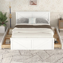 Load image into Gallery viewer, iRerts Queen Bed Frame with Headboard, Solid Wood Queen Platform Bed Frame with Storage Drawers, Slats Support and Support Legs, Modern Queen Size Bed Frame No Box Spring Needed for Bedroom, White
