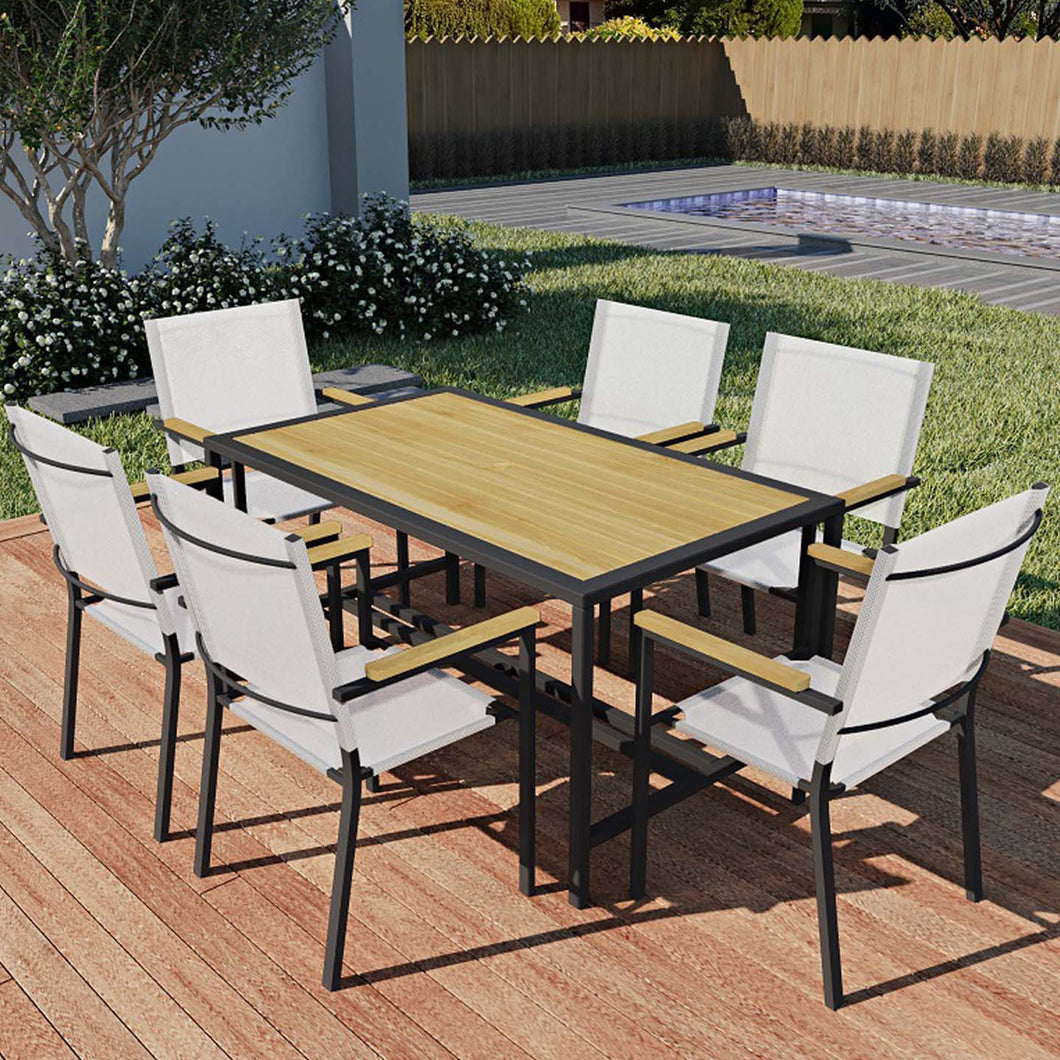 Outdoor Patio Furniture Sets, 7 Piece Outdoor Wicker Conversation Set with Acacia Wood Table Top, Rattan Outdoor Dining Table Set, Durable Outdoor Furniture Sets with Cushion for Lawn Backyard, Brown