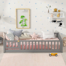 Load image into Gallery viewer, iRerts Twin Floor Bed Frame for Kids Toddlers, Wood Low Floor Twin Size Bed Frame with Fence Guardrail and Door, kids Twin Bed for Boys Girls, No Box Spring Needed, Gray
