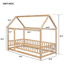 Load image into Gallery viewer, iRerts Twin Bed Frame Floor Bed, Wooden Kids Twin Bed Frame with House Roof Frame, Floor Twin Bed Frame for Toddlers Girls Boys Bedroom, House Floor Bed Frame with Fence Guardrails, Nartural
