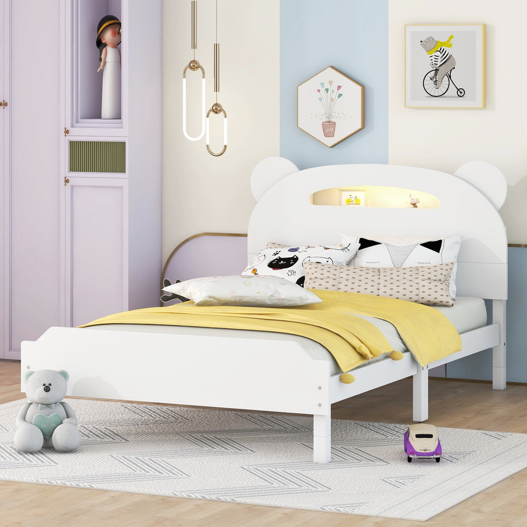 iRerts Kids Twin Bed Frame, Wood Twin Size Platform Bed Frame with Bear-shaped Headboard, Motion Activated Night Lights, Twin Bed Frames for Girls Boys Bedroom, No Box Spring Needed, White