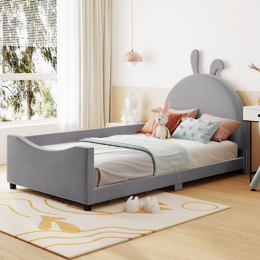 iRerts Upholstered Twin Daybed Frame for Kids, Velvet Twin Platform Bed Frame with Rabbit Ear Shaped Headboard and Footboard, Wood Twin Size Sofa Bed for Girls Boys, Gray