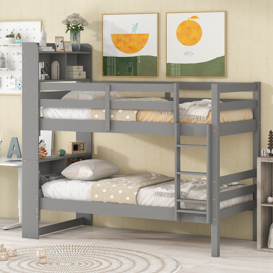 iRerts Twin Over Twin Bunk Bed, Convertible to 2 Beds Wood Twin Bunk Bed for Kids Teens Adults, Bunk Bed Twin Over Twin with Bookcase Headboard, Safety Rail and Ladder, Grey