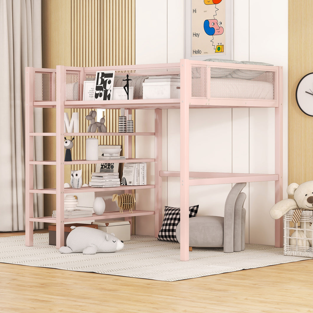 iRerts Twin Size Loft Bed, Metal Twin Loft Bed Frame for Adults Teens Kids, Twin Loft Bed with 4-Tier Storage Shelves, Loft Bed Twin Size for Bedroom, Space-Saving Design, Pink