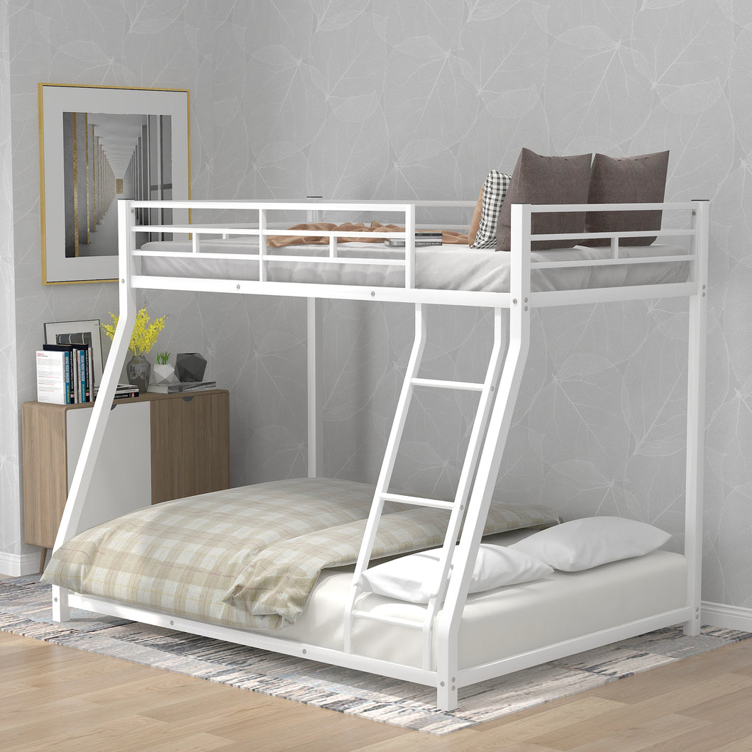 iRerts Metal Bunk Bed Twin Over Full, Heavy Duty Low Bunk Beds for Kids Teens Adults, Twin Over Full Bunk Bed with Slats Support, No Box Spring Needed, Floor Bunk Bed for Bedroom Dorm, White