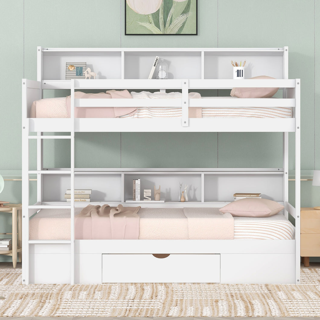 iRerts Twin Over Twin Bunk Bed with Storage Drawer, Wood Twin Bunk Bed with Built-in Shelves Beside Both Upper and Down Bed, Bunk Bed Twin Over Twin for Kids Teens Bedroom, No Box Spring Needed, White