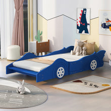 Load image into Gallery viewer, iRerts Race Car Shaped Twin Bed Frame, Wood Twin Platform Bed Frame for Kids Toddlers, Children Twin Size Platform Bed with Wheels, Wooden Slats, No Box Spring Needed, Blue
