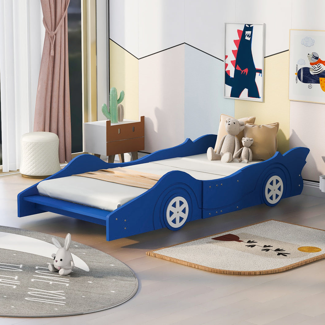 iRerts Race Car Shaped Twin Bed Frame, Wood Twin Platform Bed Frame for Kids Toddlers, Children Twin Size Platform Bed with Wheels, Wooden Slats, No Box Spring Needed, Blue