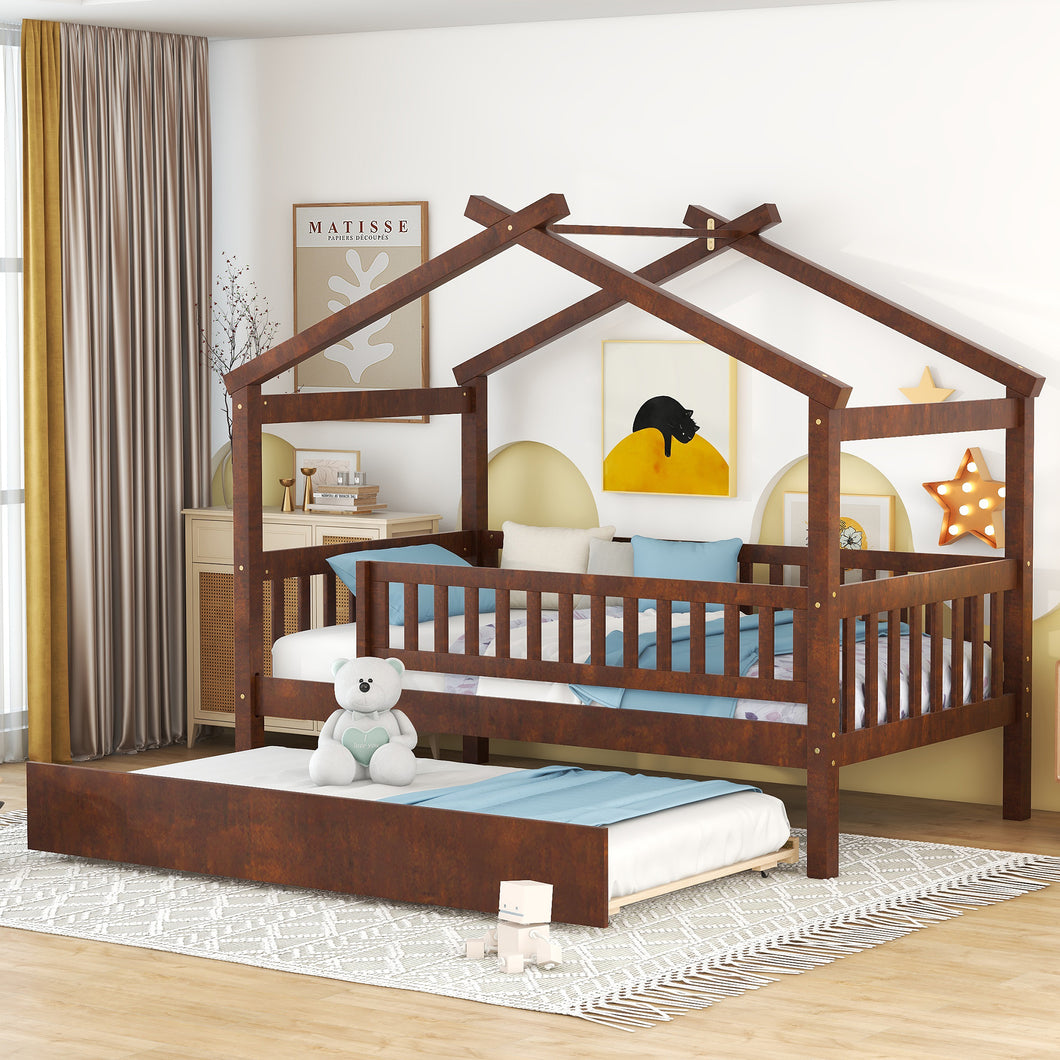 iRerts Twin Size House Bed with Twin Size Trundle, Wooden Twin Platform Bed Frame for Kids Boys Girls, House Platform Bed frame Twin Size with Slats, Kids Twin Bed Frame No Box Spring Needed, Walnut