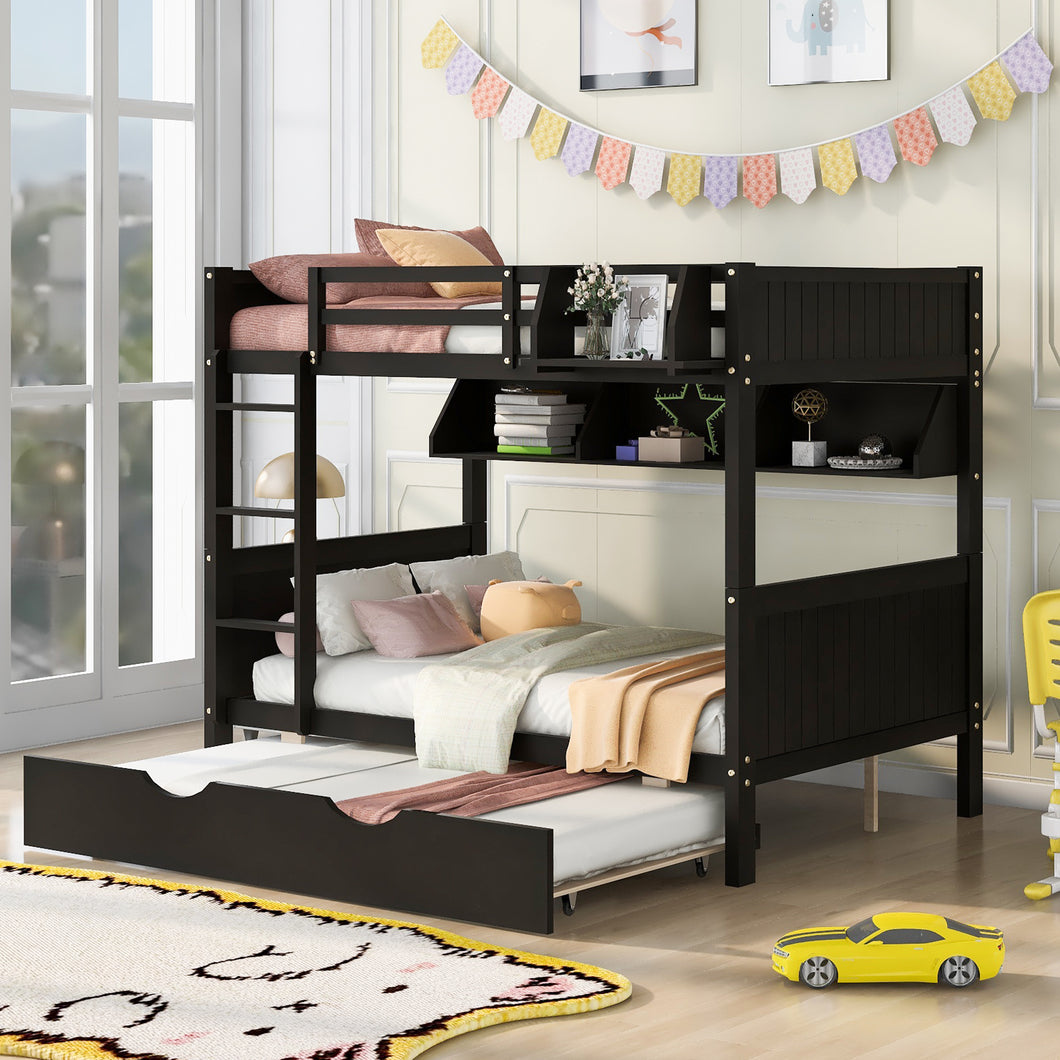 iRerts Full Over Full Bunk Bed with Trundle, Wood Full Bunk Bed with Shelves for Kids Teens Adults, Separable Bunk Bed Full Over Full Convertible to 3 Full Beds, Modern Bunk Bed for Bedroom, Espresso