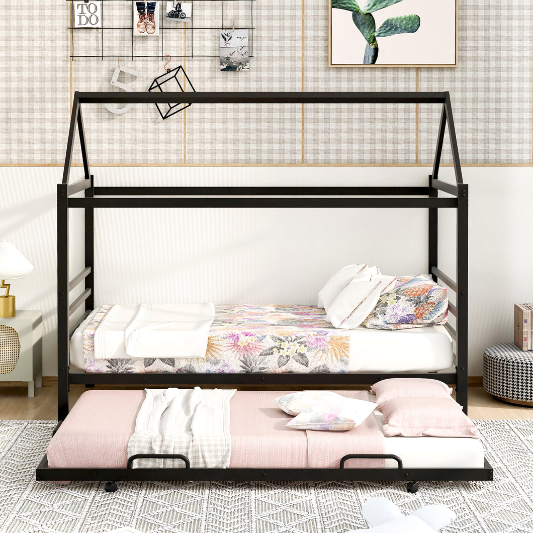 iRerts Twin Size Metal House Shape Bed Frame with Trundle, Modern Twin Platform Bed Frame with Metal Slats, Twin Bed Frame No Box Spring Needed, Twin Size Bed Frame for Kids Bedroom, Black