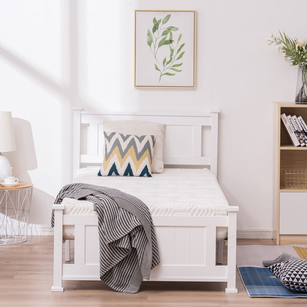Twin Bed Frame with Headboard, iRerts White Twin Size Platform Bed Frame w/ Slats, Modern Twin Size Bed Frame for Kids Adults, Wood Platform Twin Bed Frame for Bedroom, No Box Spring Needed, R5003