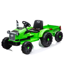 Load image into Gallery viewer, iRerts Green 12 V Powered Ride on Tractor Car with Trailer &amp; Remote Control, LED Lights, USB Port, MP3 Player
