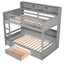 Load image into Gallery viewer, iRerts Twin Over Twin Bunk Bed with Storage Drawer, Wood Twin Bunk Bed with Built-in Shelves Beside Both Upper and Down Bed, Bunk Bed Twin Over Twin for Kids Teens Bedroom, No Box Spring Needed, Gray
