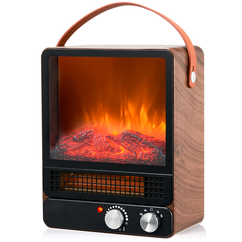 iRerts Mini Fireplace Heater, Tabletop Portable Electric Fireplace Heater, 750W/1500W Small Fireplace Space Heater with Overheating Safety Protection, Fake Fireplace Heater for Home Office Use, Walnut