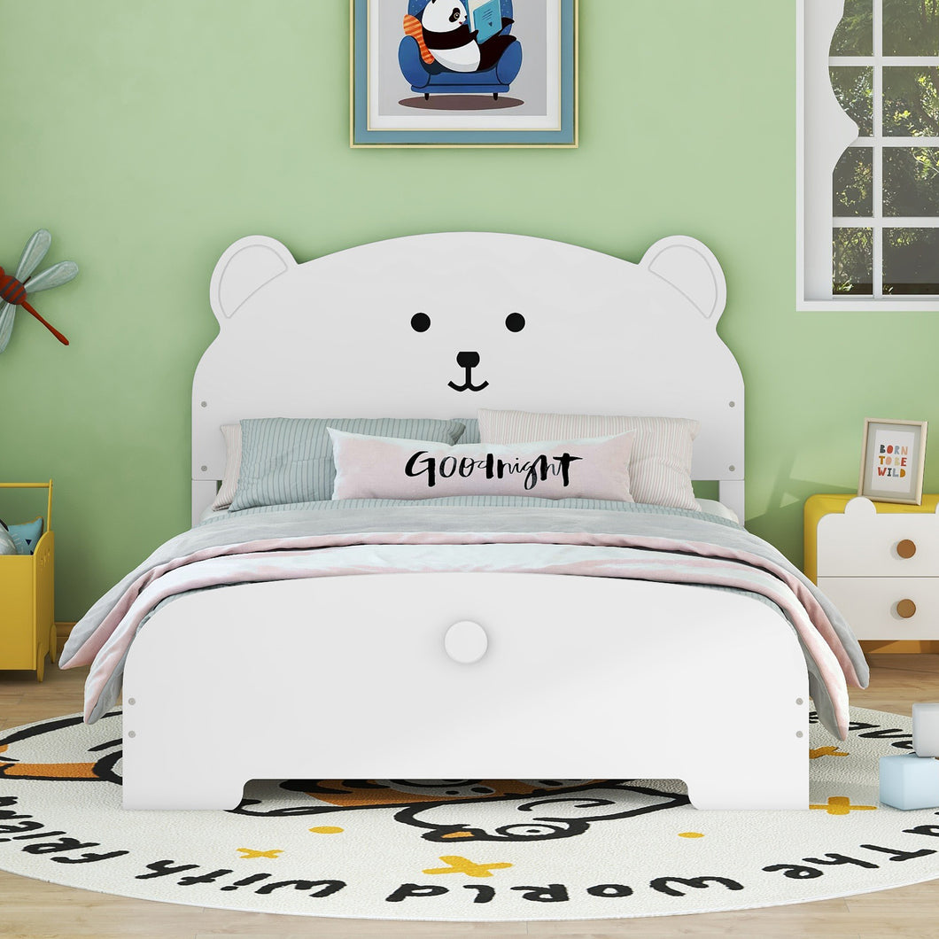 iRerts Wood Full Platform Bed Frame with Bear-shaped Headboard and Footboard, Kids Full Bed Frame for Boys Girls with Slats Support, Full Bed Frames No Box Spring Needed for Bedroom, White