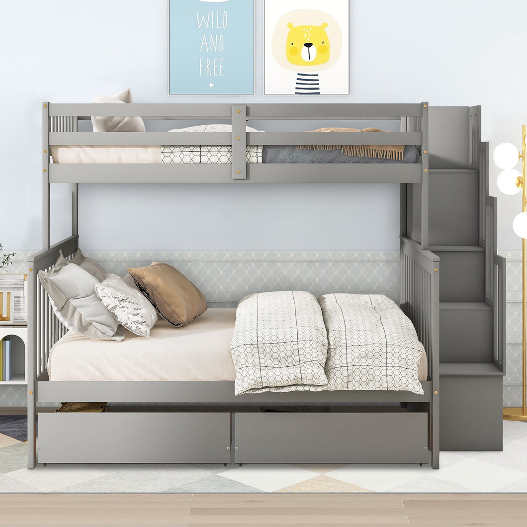 iRerts Bunk Beds Twin Over Full, Wood Bunk Bed for Kids Teens Adults, Twin Over Full Bunk Bed with 2 Drawers and Staircases, Convertible into 2 Beds, Modern Bunk Beds for Bedroom Dorm, Gray