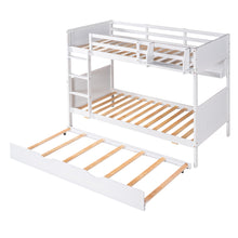 Load image into Gallery viewer, iRerts Bunk Bed with Trundle, Wood Twin Over Twin Bunk Bed with Bookshelf and Guardrail, Space Saving Twin Bunk Bed No Box Spring Needed, Separable Bunk Bed for Adults Teens Kids Bedroom, White
