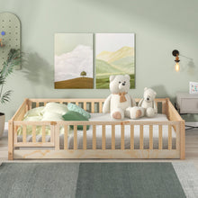 Load image into Gallery viewer, iRerts Full Floor Bed Frame for Kids Toddlers, Wood Low Floor Full Size Bed Frame with Fence Guardrail and Door, kids Full Bed for Boys Girls, No Box Spring Needed, Natural
