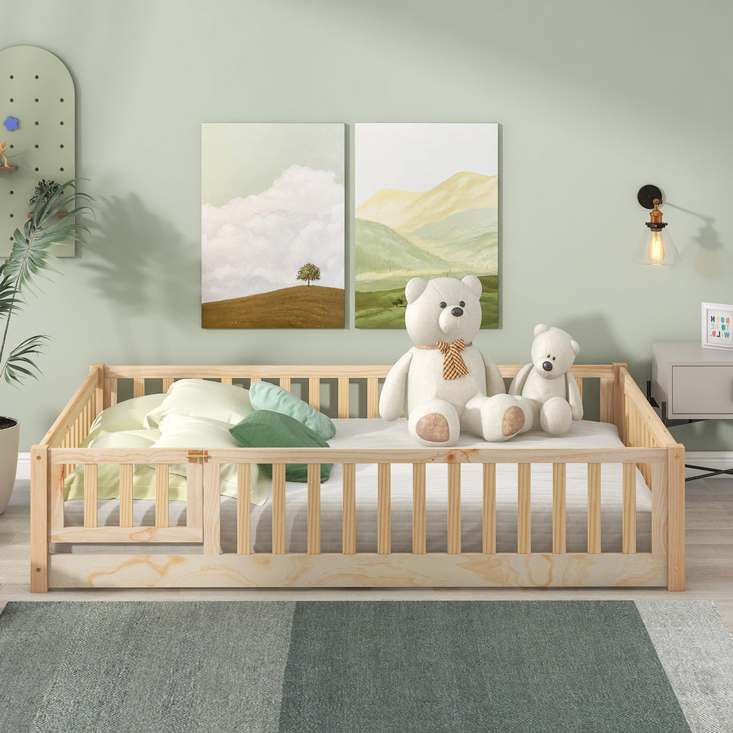iRerts Full size Floor Platform Bed, Wood Full Floor Bed Frame for Kids Toddlers, Low Floor Full Size Bed Frame with Fence Guardrail, Door, kids Full Bed for Boys Girls, No Box Spring Needed, Natural