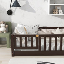 Load image into Gallery viewer, iRerts Twin Floor Bed Frame for Kids Toddlers, Wood Low Floor Twin Size Bed Frame with Fence Guardrail and Door, kids Twin Bed for Boys Girls, No Box Spring Needed, Espresso
