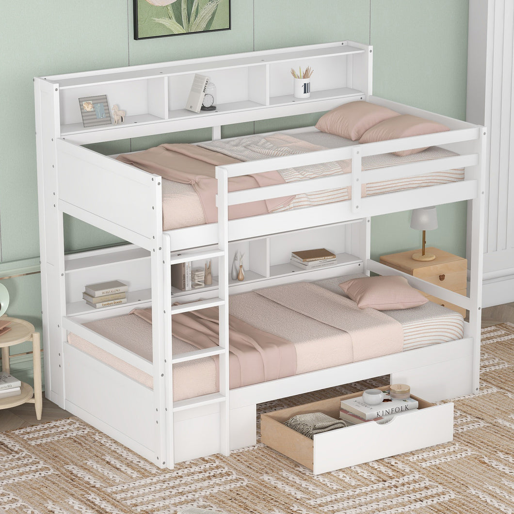 iRerts Wood Bunk Bed, Twin Over Twin Bunk Bed with Built-in Shelves Beside both Upper and Down Bed and Storage Drawer, Twin Bunk Bed for Kids Teens Boys Girls Bedroom, No Box Spring Needed, White