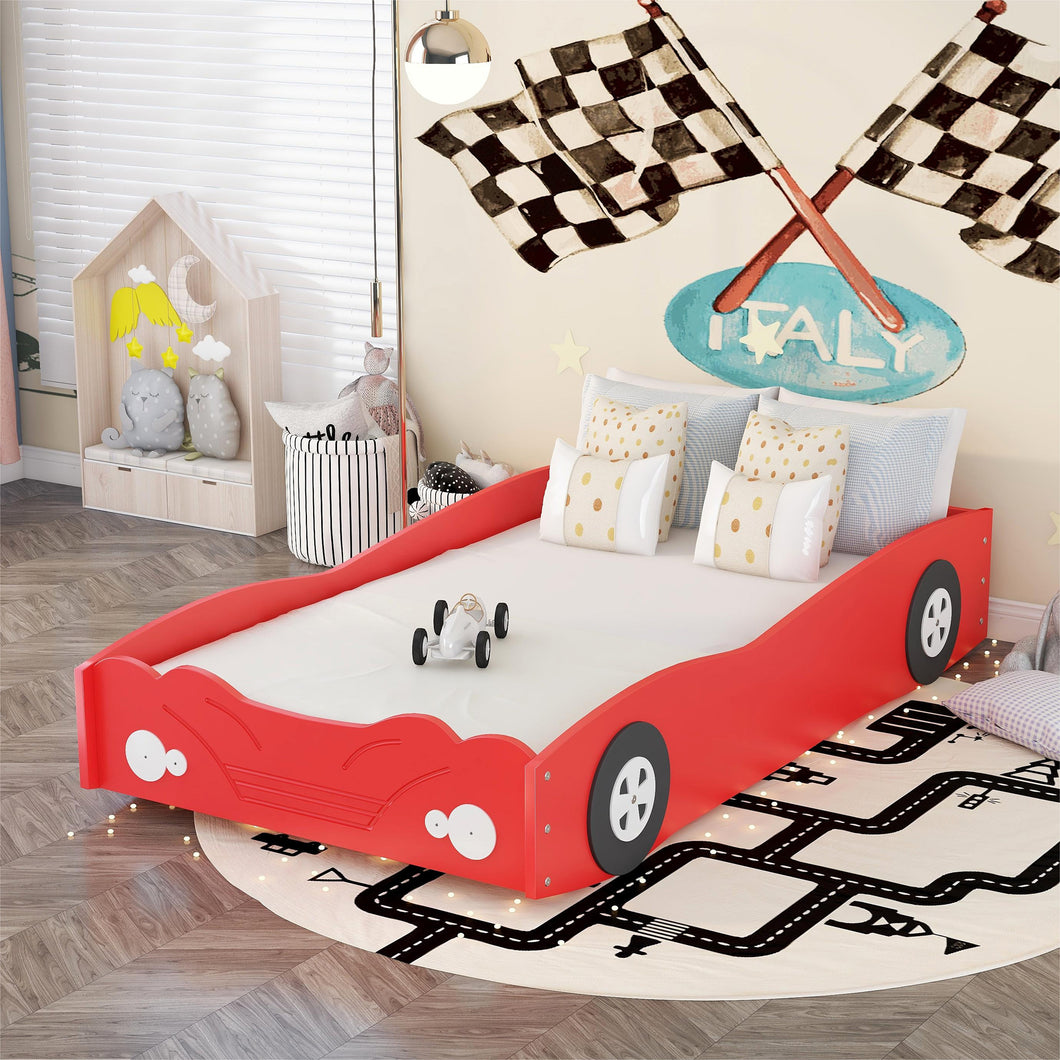 iRerts Wood Twin Platform Bed, Twin Size Car-Shaped Bed Frame for Kids Toddlers Boys Girls, Twin Bed Frame with Complete Guardrails, Bedroom Furniture Twin Size Bed Frame No Box Spring Needed, Red