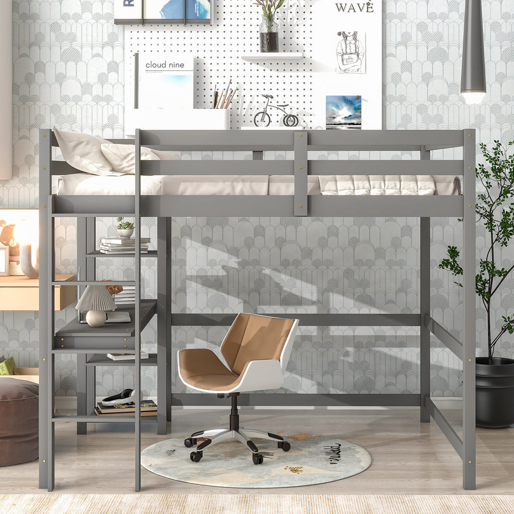iRerts Full Loft Bed Frame for Kids Teens, Modern Full Wood Loft Bed with Desk and Shelves, Kids Full Loft Bed with Ladder, Guardrail, No Box Spring Needed, Full Size Loft Bed for Bedroom, Gray