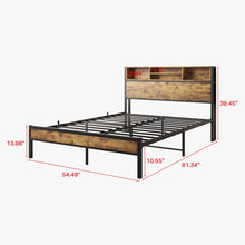 Load image into Gallery viewer, iRerts Full Bed Frame with Storage Headboard with Charging Station, Metal Full Platform Bed Frame No Box Spring Needed, Full Size Bed Frames for Bedroom, Black/Brown
