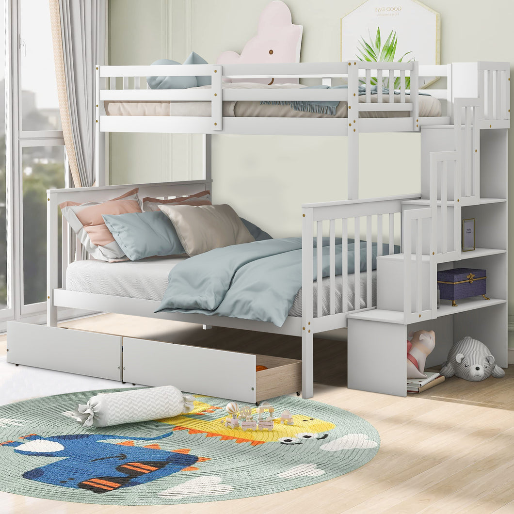 iRerts Twin Over Full Bunk Bed, Wood Bunk Beds Twin Over Full with 2 Drawers and Staircases, Convertible into 2 Beds, Bunk Beds for Kids Teens Adults, Bunk Bed for Bedroom, No Box Spring Needed, White
