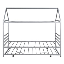 Load image into Gallery viewer, iRerts Twin Size Metal House Shape Bed Frame with Trundle, Modern Twin Platform Bed Frame with Metal Slats, Twin Bed Frame No Box Spring Needed, Twin Size Bed Frame for Kids Bedroom, Silver
