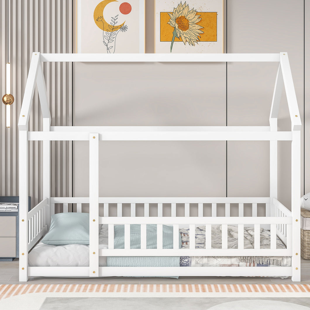 iRerts Twin Bed Frame Floor Bed, Wooden Kids Twin Bed Frame with House Roof Frame, Floor Twin Bed Frame for Toddlers Girls Boys Bedroom, House Floor Bed Frame with Fence Guardrails, White