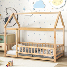 Load image into Gallery viewer, iRerts Floor Twin Bed Frame, Wooden Twin Size Bed Frame for Girls Boys, Twin Bed Frame with House Roof Frame and Fence Guardrails, Toddler House Twin Bed Frame for Kids Bedroom Living Room, Nartural
