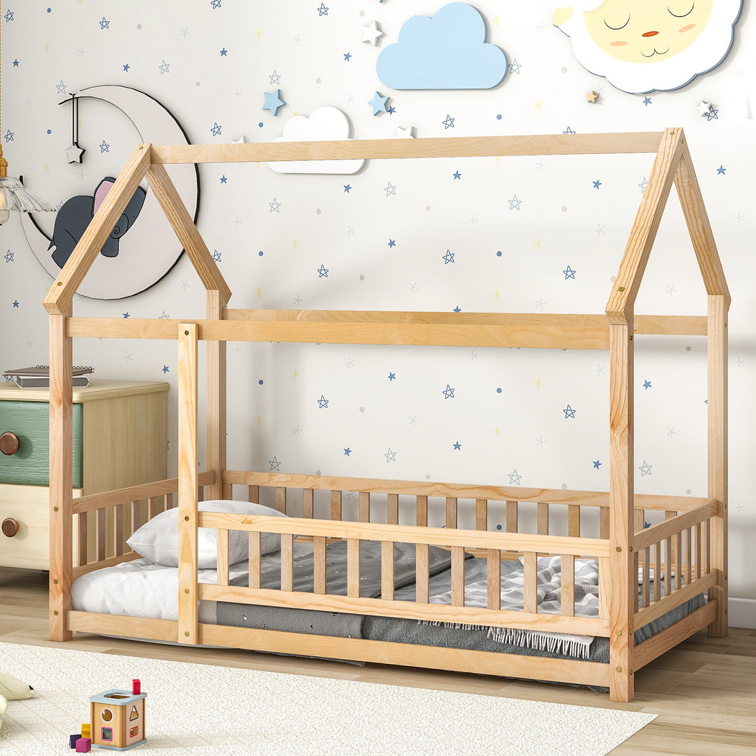 iRerts Floor Twin Bed Frame, Wooden Twin Size Bed Frame for Girls Boys, Twin Bed Frame with House Roof Frame and Fence Guardrails, Toddler House Twin Bed Frame for Kids Bedroom Living Room, Nartural