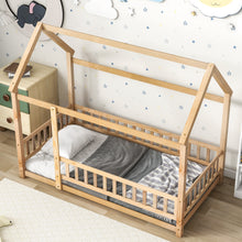 Load image into Gallery viewer, iRerts Floor Twin Bed Frame, Wooden Twin Size Bed Frame for Girls Boys, Twin Bed Frame with House Roof Frame and Fence Guardrails, Toddler House Twin Bed Frame for Kids Bedroom Living Room, Nartural
