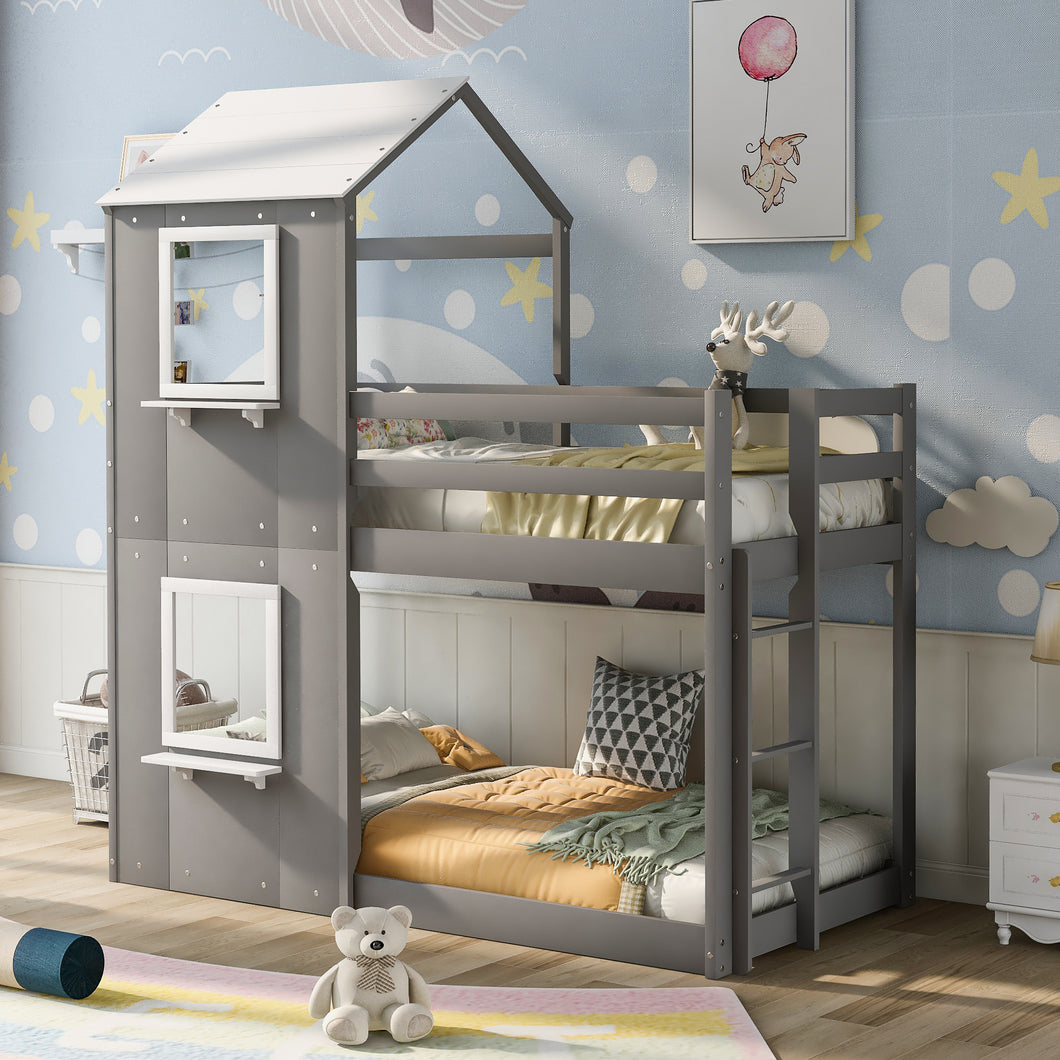 iRerts Low Bunk Beds for for Kids Teens Girls Boys, Wood Twin Over Twin Bunk Bed with Roof Window Guardrail Ladde, Floor Bunk Beds Twin Over Twin No Box Spring Needed for Bedroom, Gray