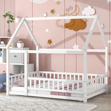 Load image into Gallery viewer, iRerts Floor Full Bed Frame, Wooden Full Size Bed Frame for Girls Boys, Full Bed Frame with House Roof Frame and Fence Guardrails, Toddler House Full Bed Frame for Kids Bedroom Living Room, White
