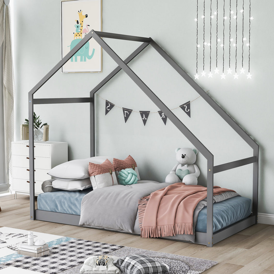 iRerts Twin House Bed with Roof, Wood Kids Twin Bed Frame House Bed, Toddler House Bed Frame for Boys Girls, Twin Floor Bed Frame for Kids Bedroom Living Room, Gray