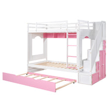 Load image into Gallery viewer, iRerts Wood Bunk Bed Twin over Twin , Modern Twin Over Twin Bunk Bed with Trundle, Storage Cabinet, Stairs and Ladders, Twin Bunk Beds for Kids Teens Adults Bedroom, White/Pink
