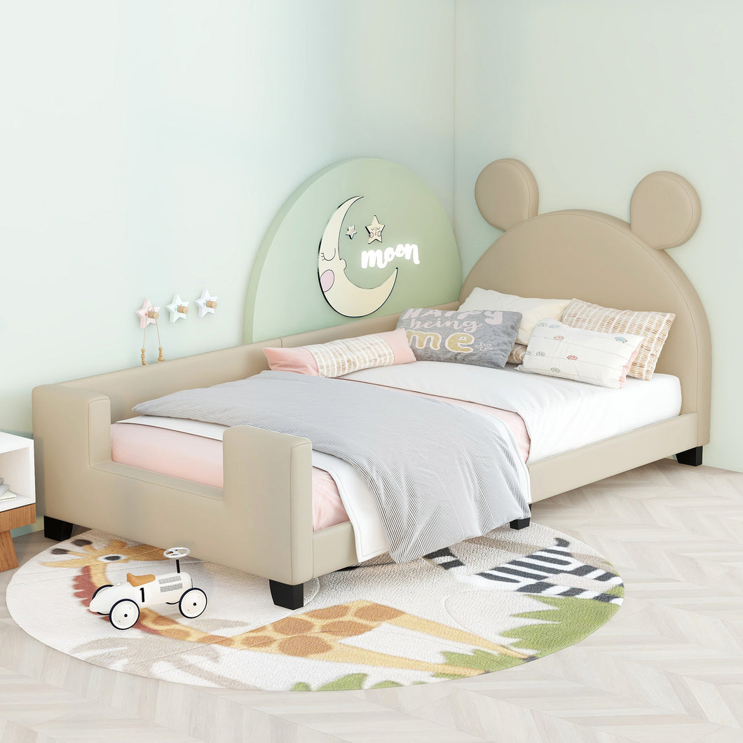 iRerts Twin Size Upholstered Daybed, Wooden Low Daybed Frame for Kids Teens with Cartoon Ears Headboard, Cute Kids Twin Bed Frame No Box Spring Needed, Twin Daybed Platform Bed Frame, Light Grey