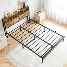 Load image into Gallery viewer, iRerts Queen Platform Bed Frame with Storage Headboard, Metal Queen Bed Frame with Charging Station, Queen Size Bed Frames No Box Spring Needed for Bedroom, Black/Brown
