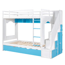 Load image into Gallery viewer, iRerts Wood Bunk Bed Twin over Twin , Modern Twin Over Twin Bunk Bed with Trundle, Storage Cabinet, Stairs and Ladders, Twin Bunk Beds for Kids Teens Adults Bedroom, White/Blue
