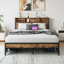 Load image into Gallery viewer, iRerts Queen Bed Frame with 4 Storage Drawers, Storage Headboard with Charging Station, Metal Queen Platform Bed Frame No Box Spring Needed, Queen Size Bed Frames for Bedroom, Black/Brown
