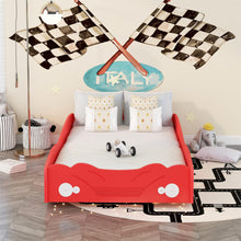 Load image into Gallery viewer, iRerts Wood Twin Platform Bed, Twin Size Car-Shaped Bed Frame for Kids Toddlers Boys Girls, Twin Bed Frame with Complete Guardrails, Bedroom Furniture Twin Size Bed Frame No Box Spring Needed, Red
