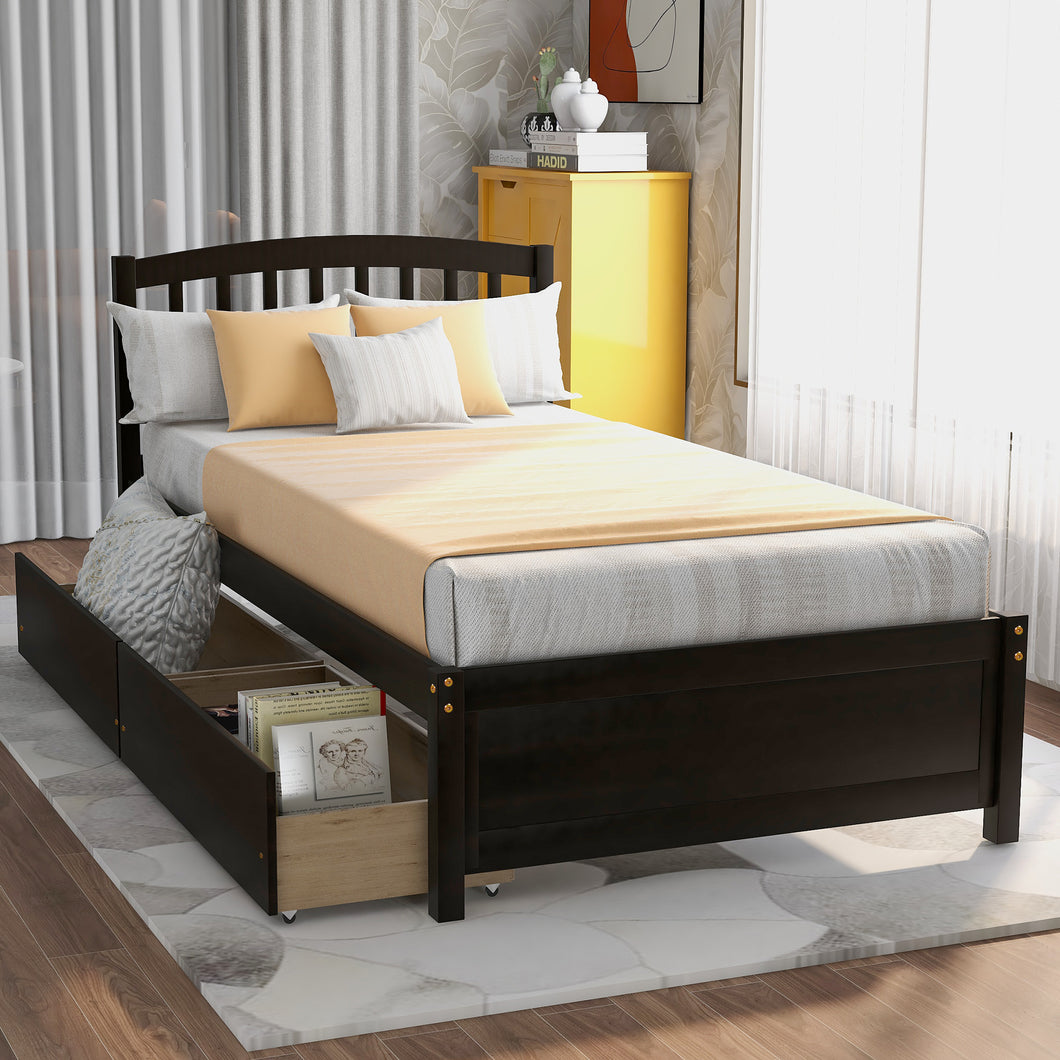 Twin Bed Frame with Storage Drawers, iRerts Wood Twin Platform Bed Frame with Headboard, Wood Slats, Twin Bed Frame No Box Spring Needed for Adults Kids, Bed Frame Twin Size for Bedroom, Espresso