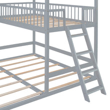 Load image into Gallery viewer, iRerts Twin Over Twin Bunk Bed with Extending Trundle, Wood Bunk Bed Twin Over Twin with Ladder and Roof, Versatility Kids Bunk Bed No Box Spring Needed for Boys Girls Bedroom Furniture, Gray

