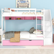 Load image into Gallery viewer, iRerts Full Over Full Bunk Bed with Trundle, Solid Wood Bunk Beds Full over Full with Storage Cabinet, Stairs and Ladders, Full Bunk Beds for Kids Teens Bedroom, White/Pink
