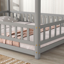 Load image into Gallery viewer, iRerts Floor Full Bed Frame, Wooden Full Size Bed Frame for Girls Boys, Full Bed Frame with House Roof Frame and Fence Guardrails, Toddler House Full Bed Frame for Kids Bedroom Living Room, Gray
